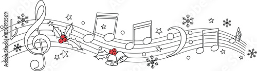 Whimsical christmas music notes with festive decorations and snowflakes