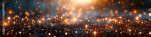 Panoramic bokeh lights background with golden and blue sparkle effects