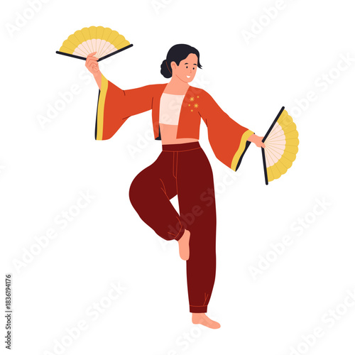 Illustration of Woman Fan Dance Performance. Dancer in Traditional Chinese Attire with a Hand Fan for Cultural Celebration