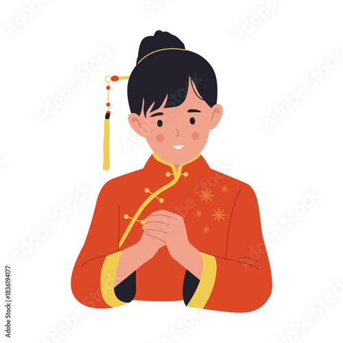 Illustration of a Woman in Traditional Red Qipao with a Respectful Gong Shou Hand Gesture