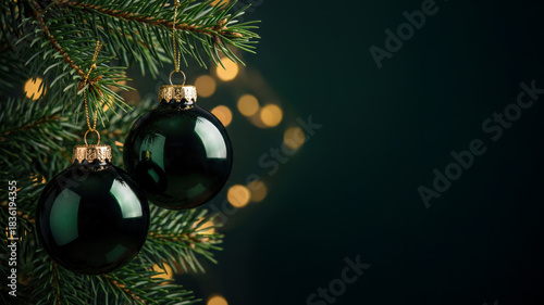 Elegant spruce Christmas tree with glossy ornaments and warm golden bokeh lights, perfect for festive cards and winter themes.