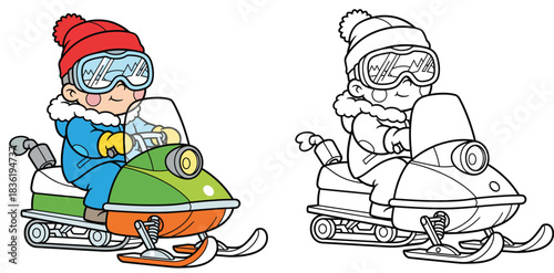 Cute boy riding a snowmobile Vector cartoon illustration for coloring book Happy kid driver on snow scooter wearing winter clothes and goggles Black and white outline included.