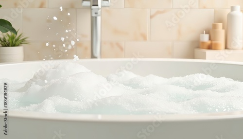 Bathtub filled with white bubbles and splashing water. Relaxation and self-care concept. Wellness routine with refreshing bath for hygiene.