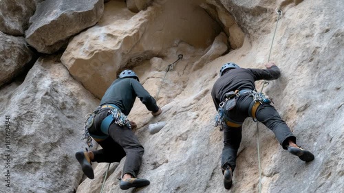 Two mountain climbers skillfully ascend a steep rock face, showcasing their strength and focus while navigating challenging terrain. The rugged environment highlights their adventurous spirit