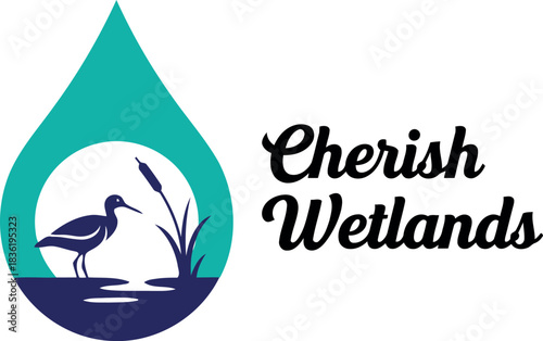 Cherish wetlands logo bird silhouette in teal water droplet with reeds environmental conservation nature symbol