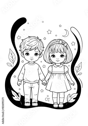 portrait of a little brother and sister. coloring book