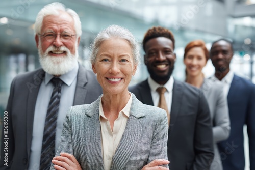 Diverse smiling business people standing together in a modern office setting.