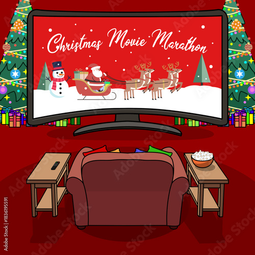 A large TV screen showing Christmas movies, a very warm sofa, and a bowl of popcorn for snacking. National Christmas Movie Marathon Day on December 23rd.