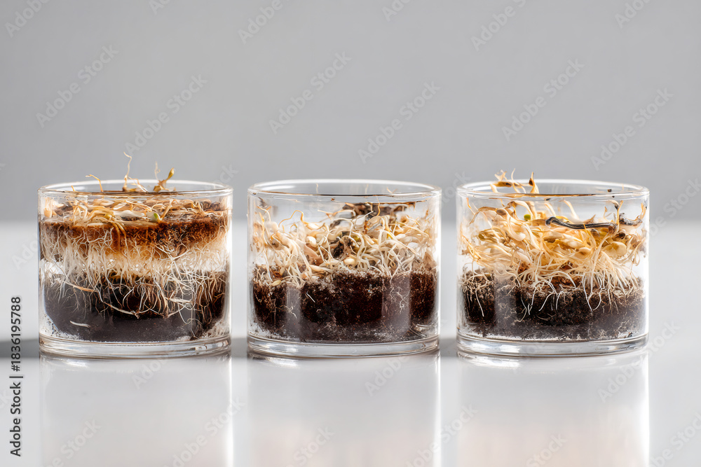 Naklejka premium Germinating seeds with visible roots and sprouts in glass containers. A scientific experiment showing plant growth and development. Botany and agriculture research concept