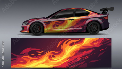 Dynamic sports car with fiery custom vinyl wrap design.