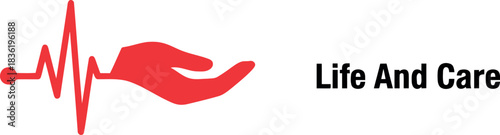 Abstract red heartbeat ekg line with caring hand and life and care text medical health wellness concept