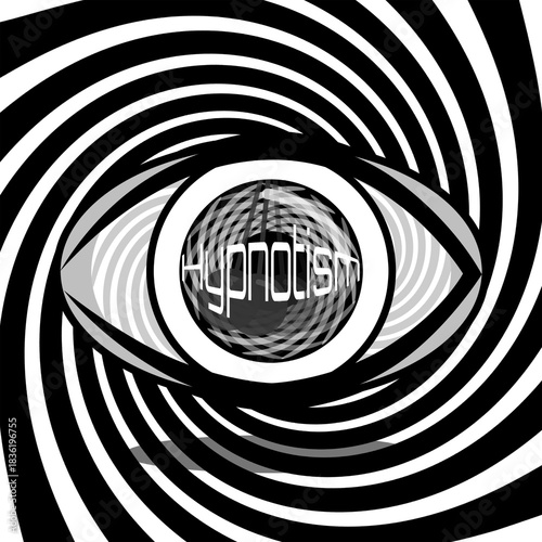 An abstract graphic image designed to evoke the concept of hypnosis. The word "Hypnotism" is superimposed over the pupil and iris, creating a optical illusion. World Hypnotism Day, January 4th