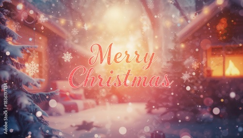 Bright Holiday Scene With Snow, Warm Lights, and Merry Christmas Greeting in ...