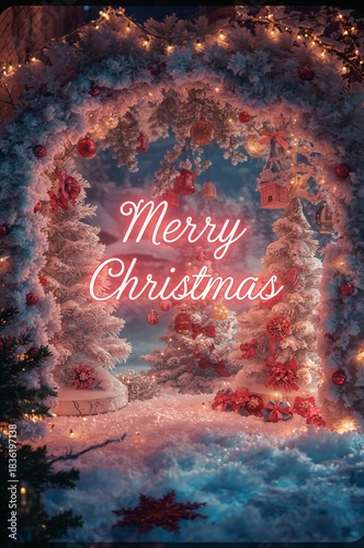 Festive Decoration With Merry Christmas Message in Winter Setting With Snow a...