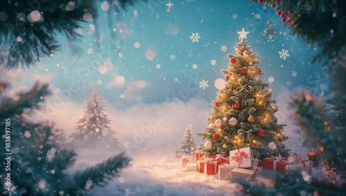 Holiday Scene With Text Wishing Merry Christmas in a Snowy Forest Setting Fil...