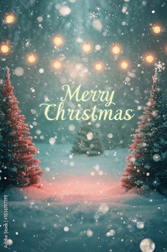Snowy Scene With Christmas Lights and Trees at Night During Winter Holidays