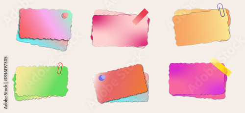 Colorful Gradient Sticky Notes Set with Torn Paper Edges, Tape and Paperclip Element Editable Vector Design