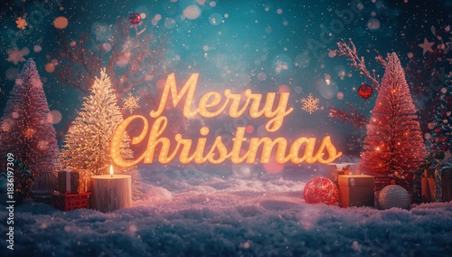 Merry Christmas Decoration With Gifts and Lights in a Winter Scene