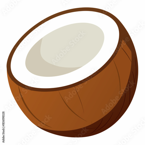 A simple, cartoon-style illustration of a halved coconut. The brown husk is visible on the outside, with white flesh inside.