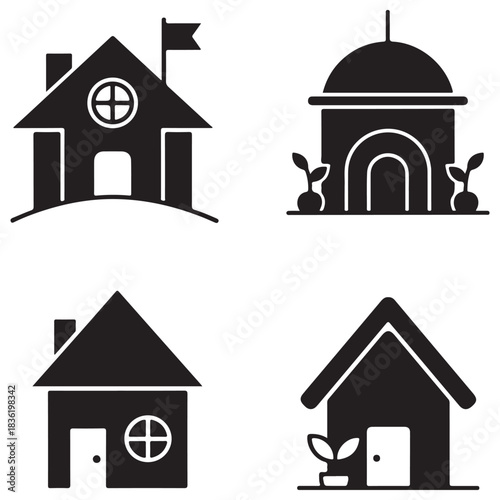 Flat Black House and Building Silhouette Icons on White Background