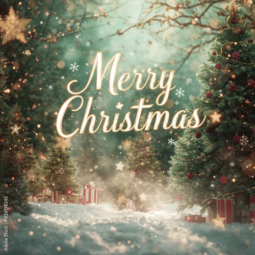 Merry Christmas Greeting With Trees and Gifts in a Winter Forest Setting