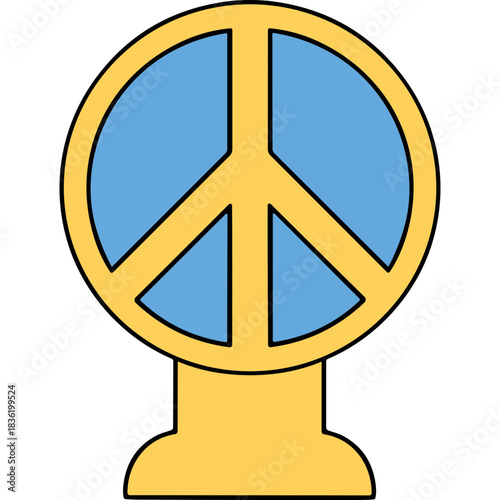 Stylized Yellow Peace Symbol Icon With Light Blue Circle Against A Black Background