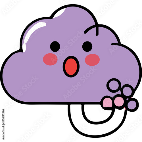 Surprised purple cloud character with pink blush cheeks and wide eyes holding small purple balls with a shocked expression and black outline against a black background with soft lighting