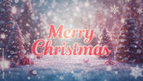 Snowy Forest Scene With Merry Christmas Message and Snowflakes Falling During...