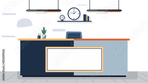Flat modern illustration reception desk offers an empty workspace with office supplies and clocks on a shelf
