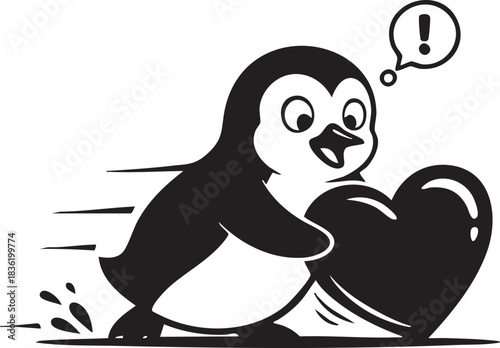 Penguin sliding while pushing large heart cartoon illustration