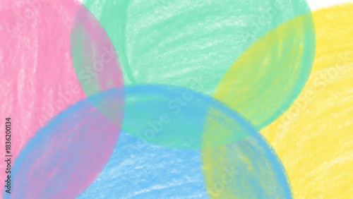 Vibrant abstract background of overlapping pastel circles with chalky texture and bright playful colors