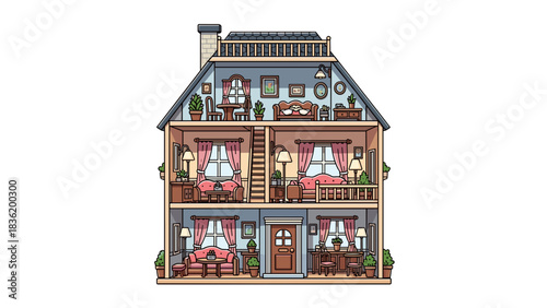 Illustrated dollhouse with detailed interior design on white background