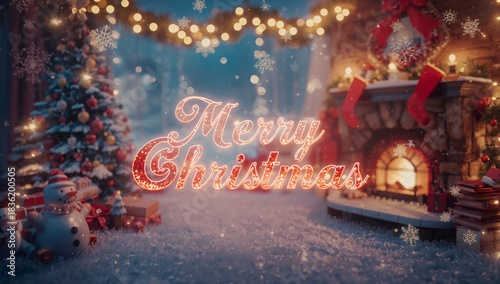 Merry Christmas Decoration With a Tree, Snowman, and Fireplace in a Cozy Indo...