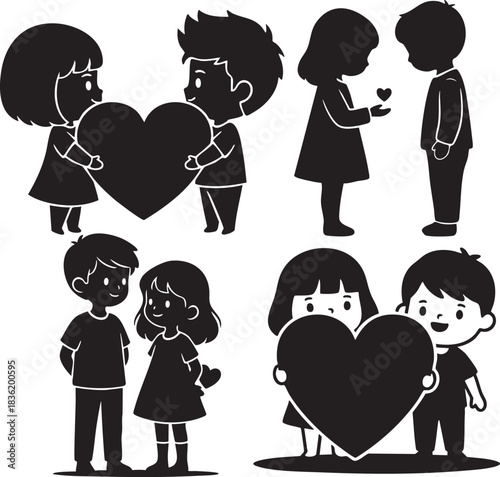 Cute kids sharing hearts and expressing love silhouette illustration set