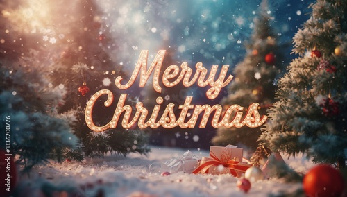 Merry Christmas Greeting With Trees and Gifts in a Winter Forest Setting