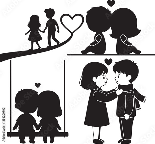 Cute kids in love holding hands and sharing sweet moments illustration set
