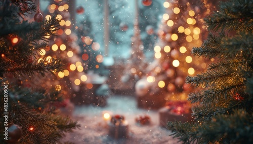 Winter Scene With Christmas Trees and Lights in a Living Room Setting