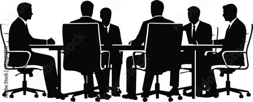 “Silhouette business professionals seated around conference table engaged in formal meeting, teamwork discussion, corporate decision-making and strategic planning illustration”