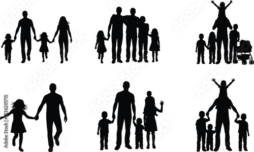 “Silhouette family groups walking together in various parent and children poses representing love, unity, childhood bonding, parenting support and happy family life illustration”