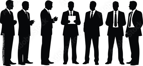 “Silhouette business professionals standing together in formal suits during corporate meeting discussion teamwork communication concept for modern office leadership illustration”
