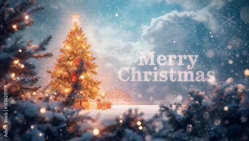 Christmas Tree With Lights and Decorations During Winter Season