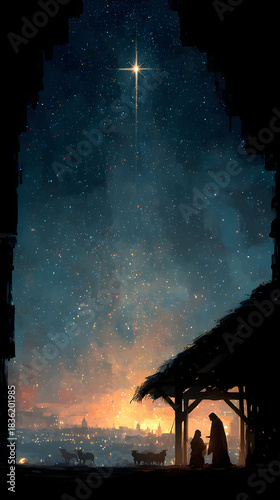 A serene silhouette of the nativity scene, capturing the sacred event under a brilliant, guiding star in a night sky. ..Created with Generative AI, not depicting real subjects.