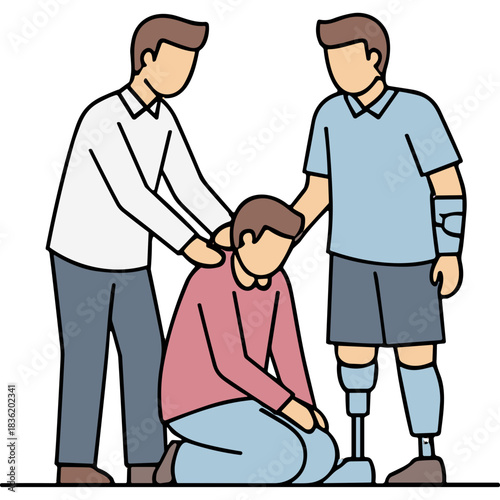 Two men help a man with prosthetic legs who is kneeling down with his head bowed in a supportive gesture with a neutral background