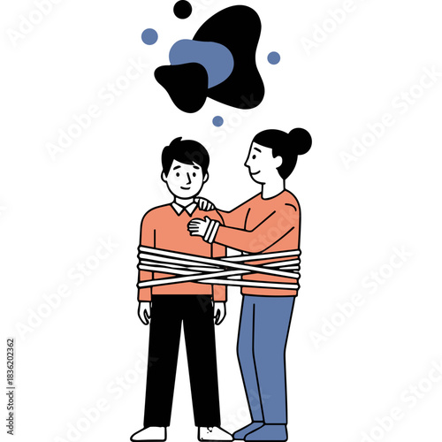 Two men one bound with rope and the other offering support with a question mark symbol above indicating confusion and uncertainty in a minimalist illustration with blue and orange tones