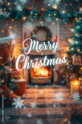 Snowy Forest Scene With Merry Christmas Message and Snowflakes Falling During...