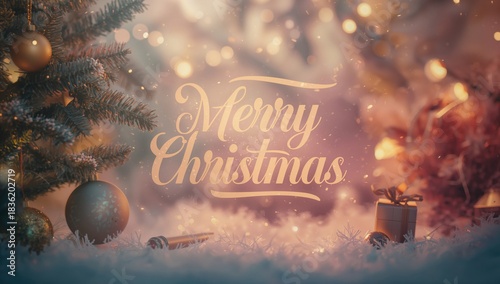 Holiday Greeting Across a Winter Landscape With Fresh Snow and Evergreen Tree...
