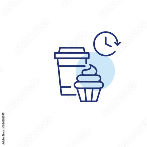 Takeaway coffee cup, cupcake and clock. Break time, breakfast and snacks at cafe. Pixel perfect, editable stroke vector icon