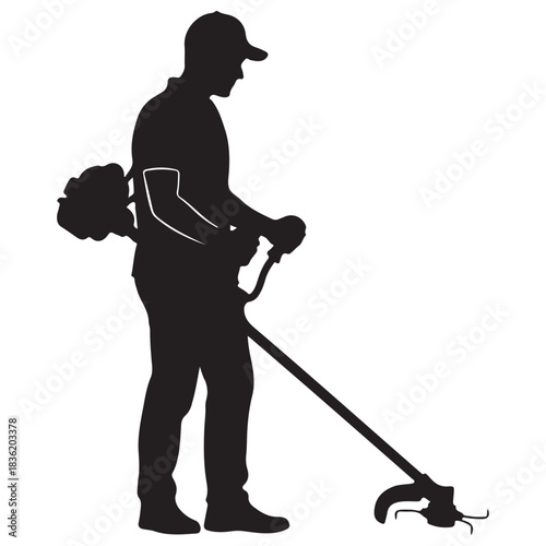 Black Silhouette of Man Operating String Trimmer on White Background