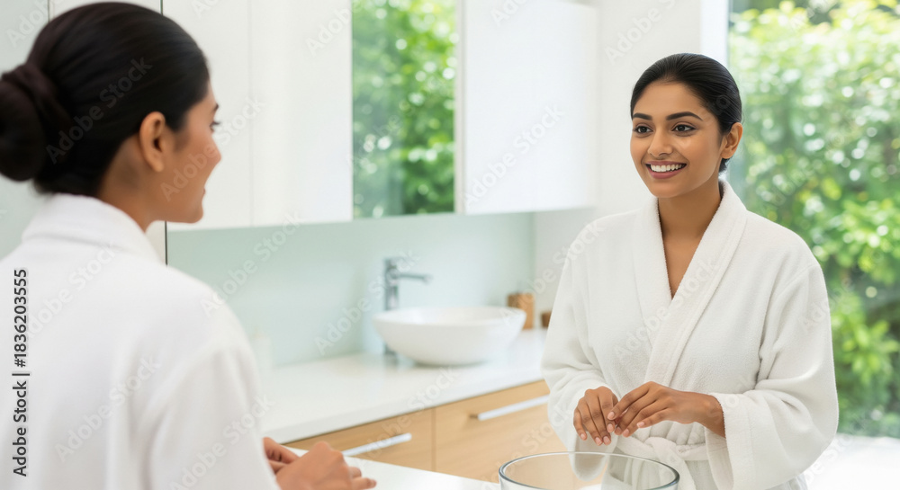 Fototapeta premium Smiling women in bathrobes discuss wellness in modern bathroom