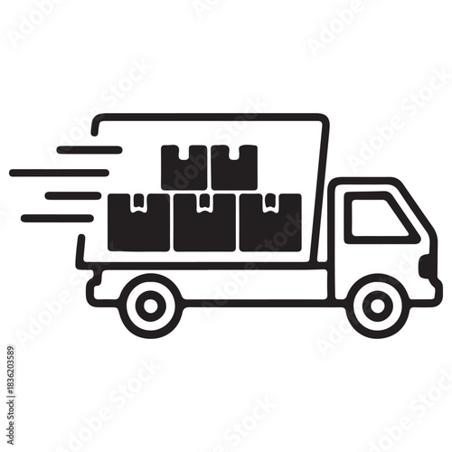 Black Line Art Delivery Truck Icon with Boxes and Speed Lines